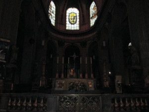 A close-up of an altar in St. Sulpice Church.