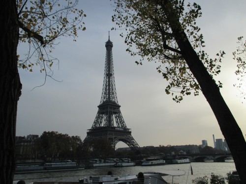 The Eiffel Tower seen from the Seine River.