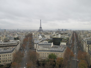 A view of the Eiffel Tower from the top of the Arc de Triomphe. Look at how much taller it is than buildings in the distance!